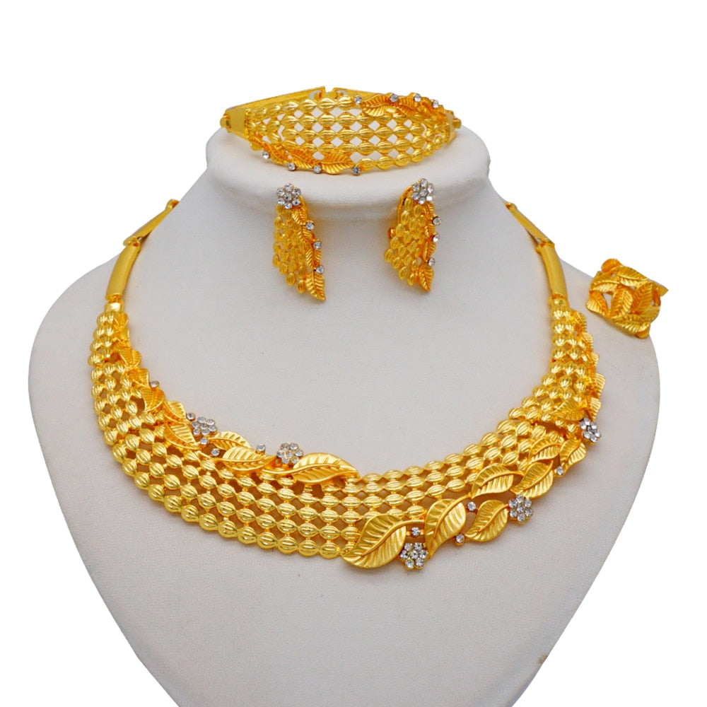 Gold Necklace Set for Women: Ideal for Nigerian African Weddings Complete with Earrings Rings - Flexi Africa - Flexi Africa offers Free Delivery Worldwide - Vibrant African traditional clothing showcasing bold prints and intricate designs