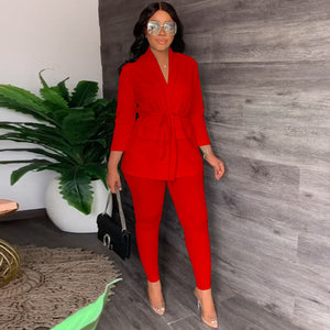 Effortlessly Chic: African Women's Fashion Solid Two-Piece Set with V-Neck Lace-Up Shirt and Tight Pants - Perfect for Casual Autumn Outfits