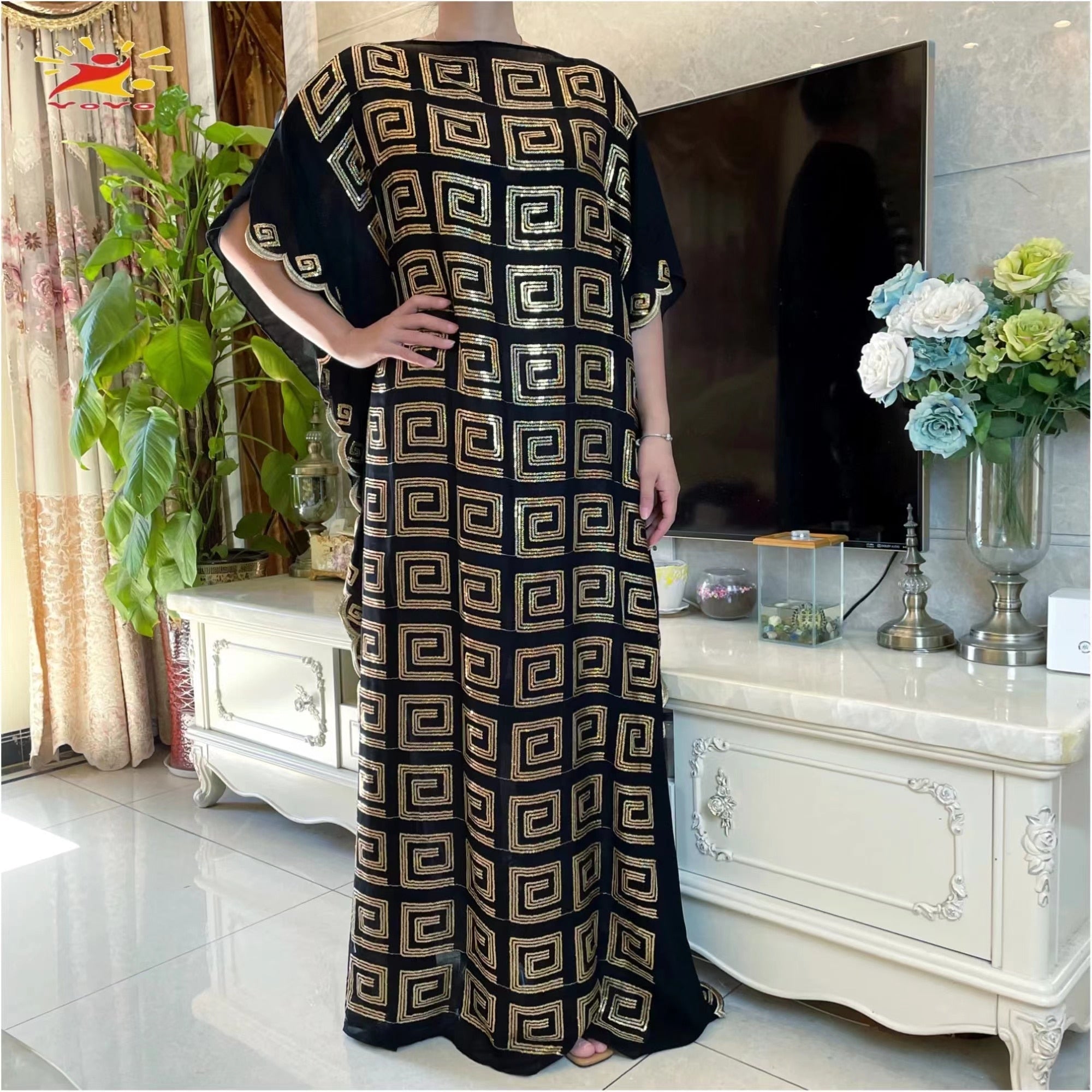 Stunning African Embroidery Flower Dress for Women - Muslim Sequin Embroidery and Scarf Included - Flexi Africa - Flexi Africa offers Free Delivery Worldwide - Vibrant African traditional clothing showcasing bold prints and intricate designs