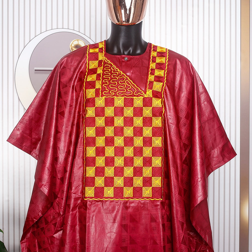 3PC Tradition Embroidery Set Clothing - African Clothes for Men - Bazin Red Shirt, Pants, Coat and Robe - Flexi Africa - Flexi Africa offers Free Delivery Worldwide - Vibrant African traditional clothing showcasing bold prints and intricate designs