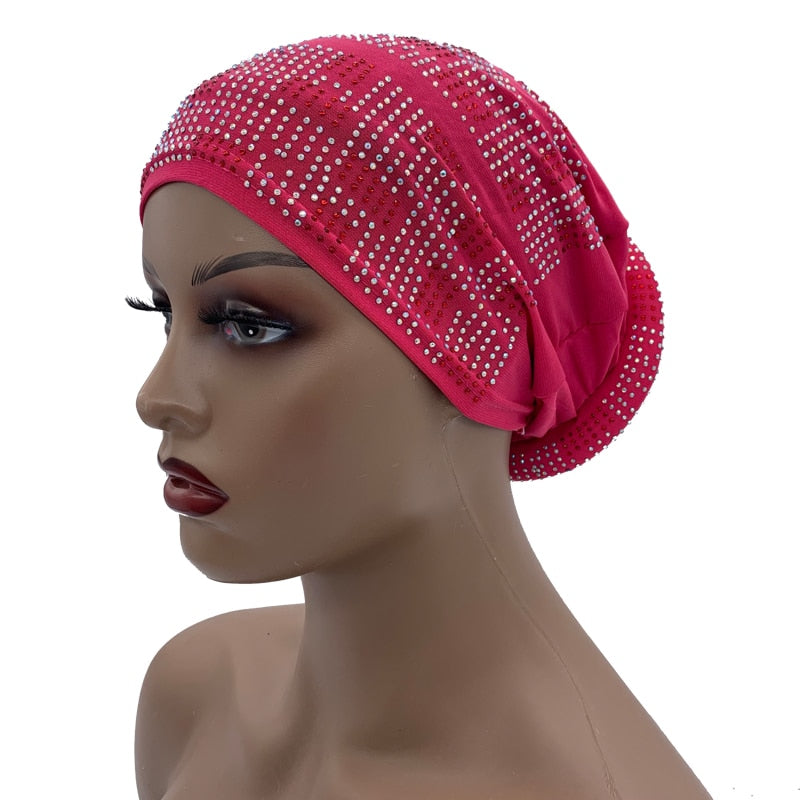 Pleated Turban Cap with Padded Diamonds Design Elastic Muslim Headscarf Bonnet African Headwrap India Hats - Flexi Africa - Flexi Africa offers Free Delivery Worldwide - Vibrant African traditional clothing showcasing bold prints and intricate designs
