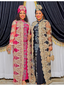 This stunning African lace embroidered coat and pressed diamond pattern long dress set is the perfect choice for women who want to make a statement at parties and other special occasions. The set includes a beautiful long dress with a pressed diamond pattern, a matching scarf, and a lace embroidered coat to complete the look.