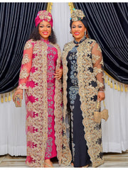Stunning African Lace Embroidered Coat and Pressed Diamond Pattern Long Dress Set with Scarf - Flexi Africa - Flexi Africa offers Free Delivery Worldwide - Vibrant African traditional clothing showcasing bold prints and intricate designs