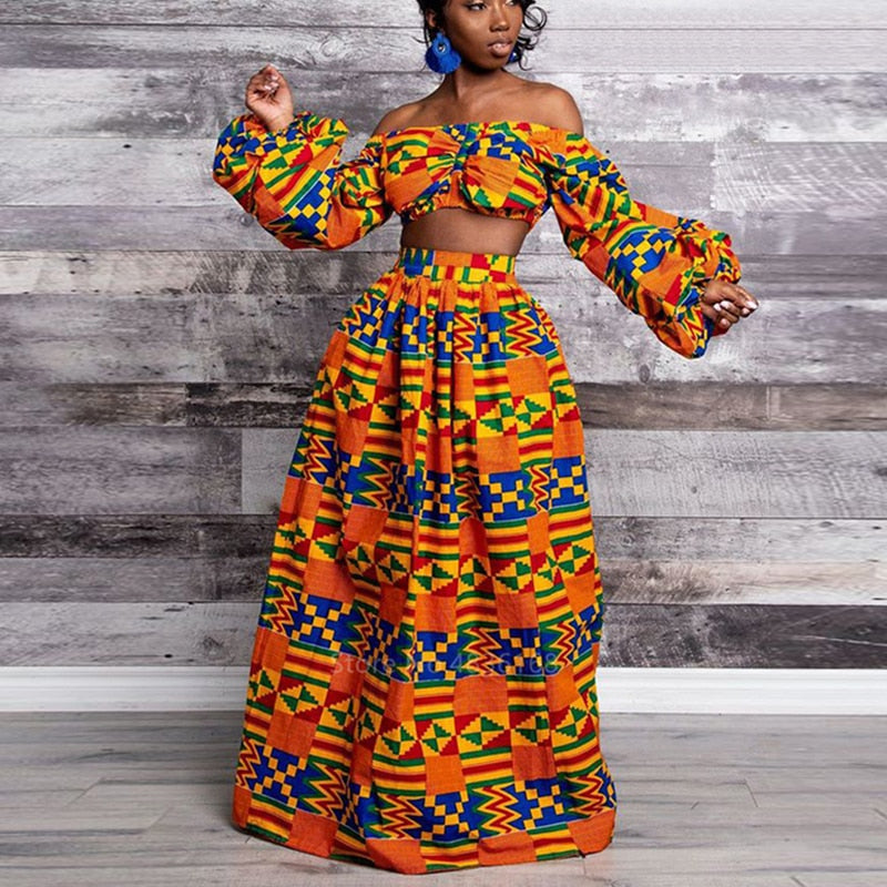 Feathered Flair: 2PC African Dresses for Women - Autumn Set with Full Sleeves, Off-Shoulder Design, Dashiki Print, and Split Skirts - Flexi Africa - Flexi Africa offers Free Delivery Worldwide - Vibrant African traditional clothing showcasing bold prints and intricate designs