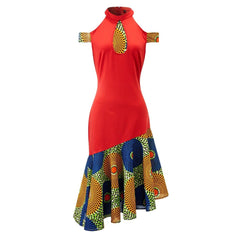 Stylish African Off-Shoulder Dress for Women: Sexy Summer Dress with Rich Bazin Ankara Print in Midi Length - Flexi Africa - Flexi Africa offers Free Delivery Worldwide - Vibrant African traditional clothing showcasing bold prints and intricate designs