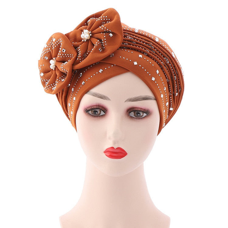 Flowers Sparkling Diamonds Bonnets for Women Already Made Auto Gele Hijab Aso Oke Headtie Scarf Headwraps Turban Hat for African - Flexi Africa - Flexi Africa offers Free Delivery Worldwide - Vibrant African traditional clothing showcasing bold prints and intricate designs