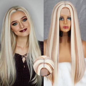 Long Straight White Natural Wig for African Women - Middle Part Heat Resistant Synthetic Wig - Ideal for Daily Wear and Cosplay