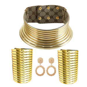 Only shop at Flexi Africa for 45cm African Vintage Statement Choker Resin Snap Necklaces Bangle Jewelry Sets Women Collar Wide Leather Bracelet Stud Earring Set. These Vintage Statement Choker Sets can be worn on the neck to protect against wind and warmth and show your beauty. The material is made of resin.