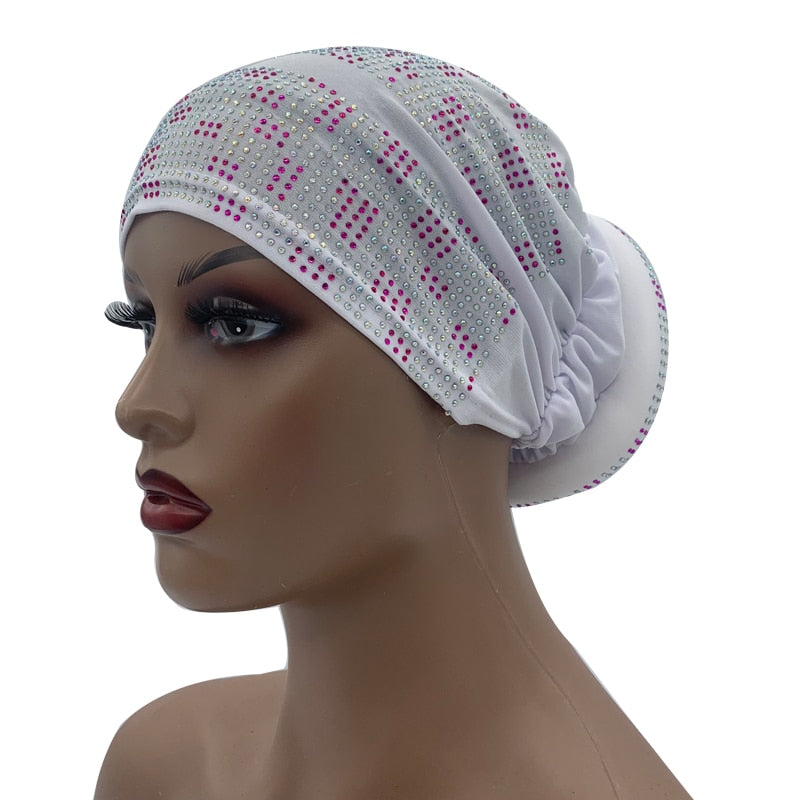 Pleated Turban Cap with Padded Diamonds Design Elastic Muslim Headscarf Bonnet African Headwrap India Hats - Flexi Africa - Flexi Africa offers Free Delivery Worldwide - Vibrant African traditional clothing showcasing bold prints and intricate designs