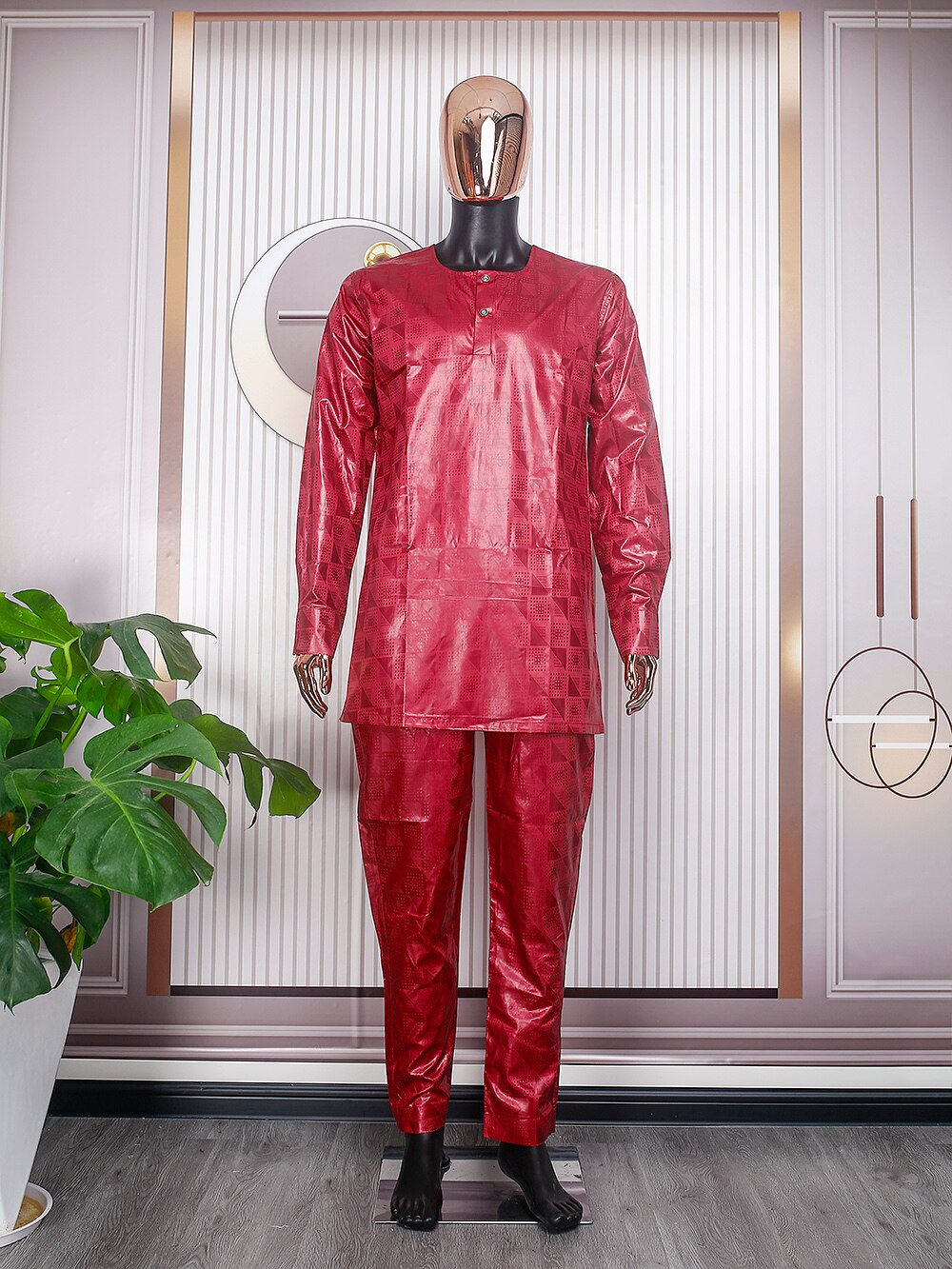 3PC Tradition Embroidery Set Clothing - African Clothes for Men - Bazin Red Shirt, Pants, Coat and Robe - Flexi Africa - Flexi Africa offers Free Delivery Worldwide - Vibrant African traditional clothing showcasing bold prints and intricate designs