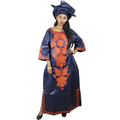 Stunning African Bazin Riche Embroidery Long Dress and Scarf Set for Women - Perfect for Formal Occasions - Flexi Africa - Flexi Africa offers Free Delivery Worldwide - Vibrant African traditional clothing showcasing bold prints and intricate designs