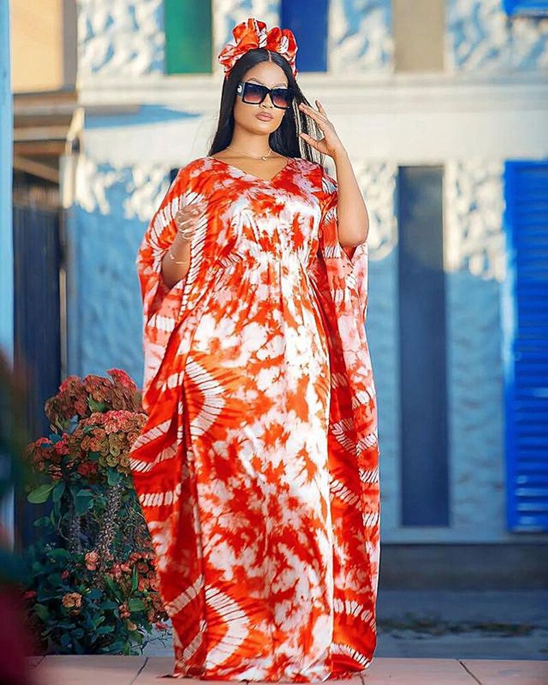 Vibrant Summer Elegance: Purple Orange African Print Dresses for Women - Half Sleeve, V-neck, Polyester - Flexi Africa - Flexi Africa offers Free Delivery Worldwide - Vibrant African traditional clothing showcasing bold prints and intricate designs