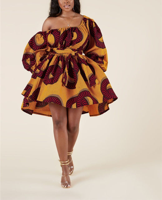 Stylish and Bold: African Shoulder Off Mini Dress with Dashiki Tribal Print - Perfect for Women's Fashion - Flexi Africa - Flexi Africa offers Free Delivery Worldwide - Vibrant African traditional clothing showcasing bold prints and intricate designs