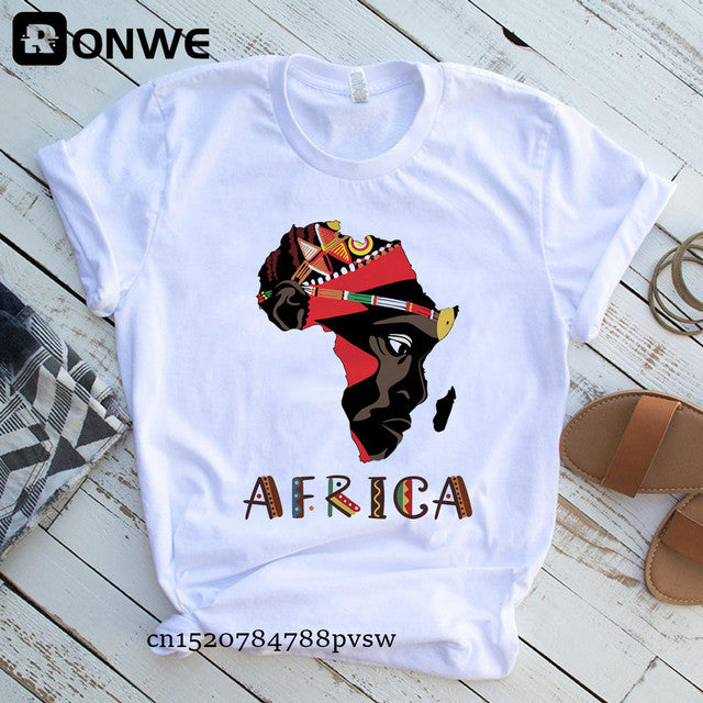 Africa Map Graphic Women's T-Shirt - Chic White Tee for Streetwear & Summer Style - Flexi Africa - Flexi Africa offers Free Delivery Worldwide - Vibrant African traditional clothing showcasing bold prints and intricate designs