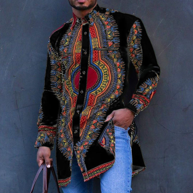 Get Traditional African Style with Long Dashiki Sleeves Polyester Printing Shirt for Men - Flexi Africa - Flexi Africa offers Free Delivery Worldwide - Vibrant African traditional clothing showcasing bold prints and intricate designs
