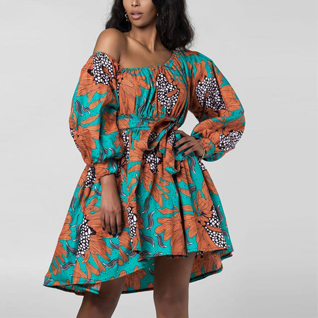 Bold and Beautiful African Print Off-Shoulder Mini Dress - Flexi Africa - Flexi Africa offers Free Delivery Worldwide - Vibrant African traditional clothing showcasing bold prints and intricate designs