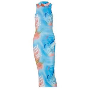 Shop Women Blue Multi Summer Fashion Backless Sleeveless Printed Polyester Synthetic High Street Fiber Spandex Free International Express Shipping Worldwide at Flexi Africa!