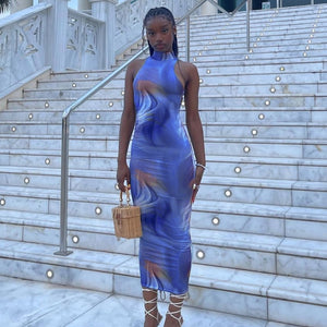Shop Women Blue Multi Summer Fashion Backless Sleeveless Printed Polyester Synthetic High Street Fiber Spandex Free International Express Shipping Worldwide at Flexi Africa!