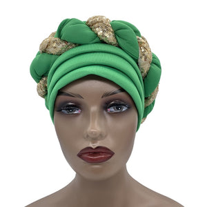 Green Shop Women African Auto Geles Headtie Already Made Multi Color Wedding Organic Fabric Embroidered Jacquard Gauze Free International Express Worldwide Shipping at Flexi Africa!