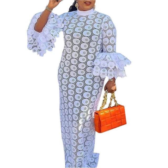 White Lace African Dress - Elegant Hollow Out Women's Traditional Dress - Flexi Africa - Flexi Africa offers Free Delivery Worldwide - Vibrant African traditional clothing showcasing bold prints and intricate designs