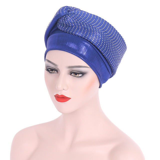 Ready to Wear Polyester African Headtie Diamonds Glitter Women Turban Caps Muslim Hijab Bonnet Hats Female Autogeles - Flexi Africa - Flexi Africa offers Free Delivery Worldwide - Vibrant African traditional clothing showcasing bold prints and intricate designs