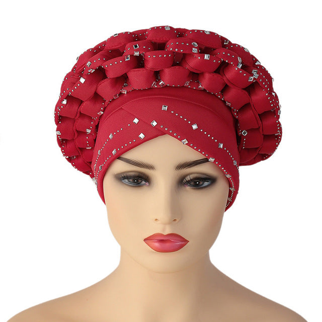 Sparkling African Women's Auto Gele Headties: Ready-to-Wear Polyester Aso Oke Muslim Turbans with Rhinestone Accents - Flexi Africa - Flexi Africa offers Free Delivery Worldwide - Vibrant African traditional clothing showcasing bold prints and intricate designs