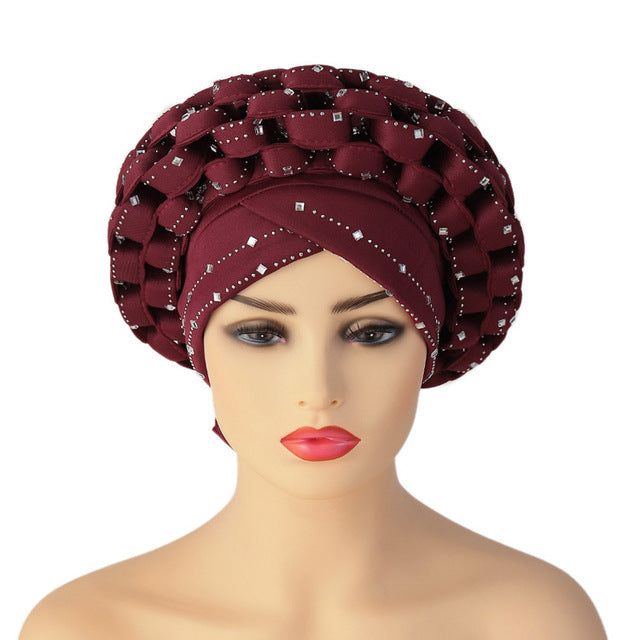 Sparkling African Women's Auto Gele Headties: Ready-to-Wear Polyester Aso Oke Muslim Turbans with Rhinestone Accents - Flexi Africa - Flexi Africa offers Free Delivery Worldwide - Vibrant African traditional clothing showcasing bold prints and intricate designs