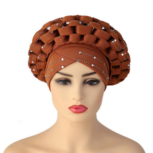 Shop now only at Flexi Africa for African Women Polyester Auto Gele Headties Aso Oke Muslim Adjustable Turban Caps with Rhienstone Nigerian Ready To Wear Bonnet Head Wraps Express International Worldwide Shipping Delivery Good Quality Cheap Price only at Flexi Africa!