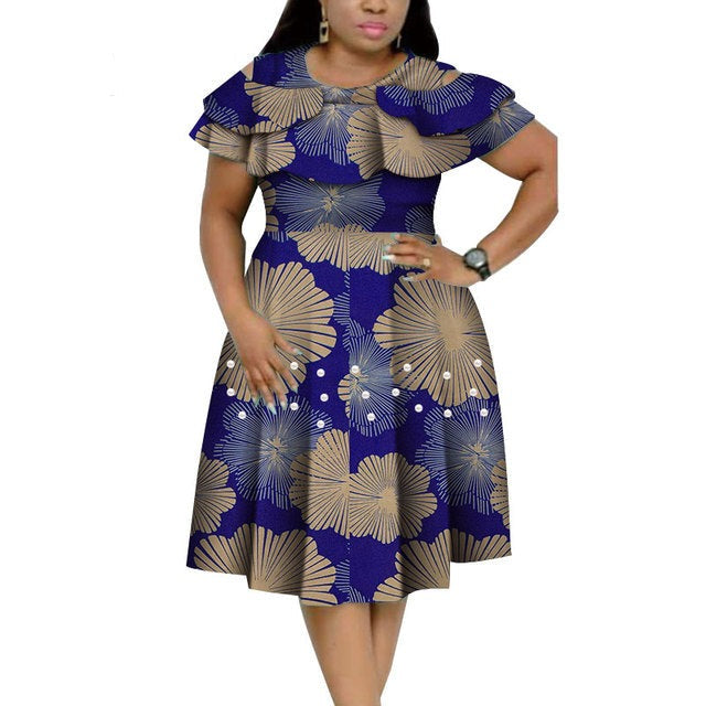 Boldly Beautiful: Bazin Riche African Ruffles Collar Dress with Dashiki Print and Pearls for Women - Flexi Africa - Flexi Africa offers Free Delivery Worldwide - Vibrant African traditional clothing showcasing bold prints and intricate designs