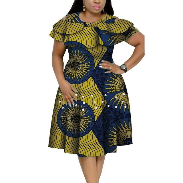 Boldly Beautiful: Bazin Riche African Ruffles Collar Dress with Dashiki Print and Pearls for Women - Flexi Africa - Flexi Africa offers Free Delivery Worldwide - Vibrant African traditional clothing showcasing bold prints and intricate designs